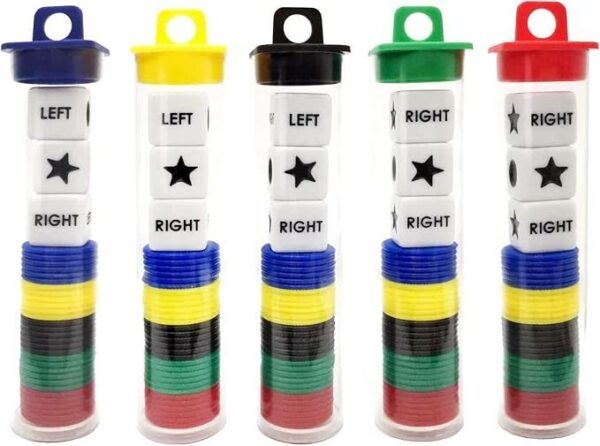 Left Right Center Dice Game Prime Set Bundle with 3 Dices + 30 Chips - (5 Pack)