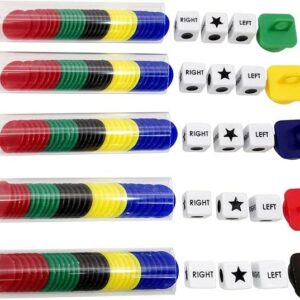 Left Right Center Dice Game Prime Set Bundle with 3 Dices + 30 Chips - (5 Pack)