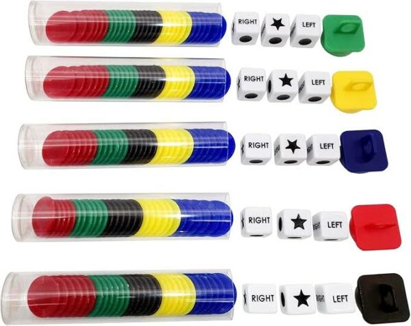Left Right Center Dice Game Prime Set Bundle with 3 Dices + 30 Chips - (5 Pack)